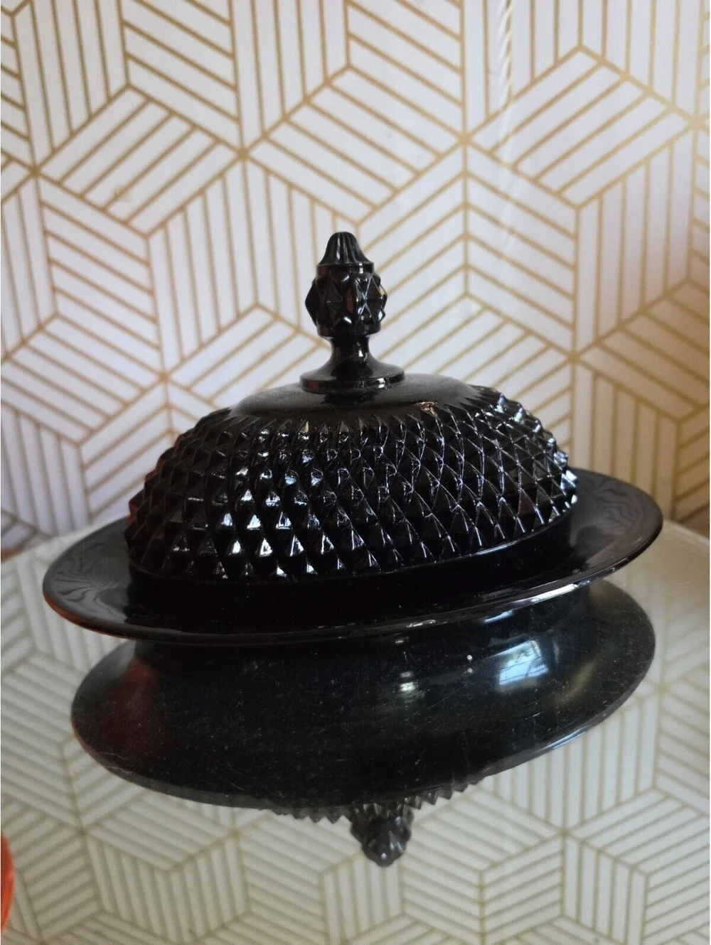 Vintage Tiara Indiana Black Diamond Point Glass Butter Keeper Dish 2 Pc EUC
